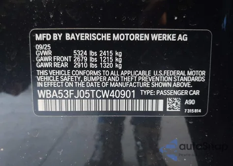 2026 BMW 530I xDrive from USA, damaged, VIN WBA53FJ05TCW40901